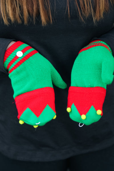 Red & Green Elf Fingerless Gloves with Convertible Mittens