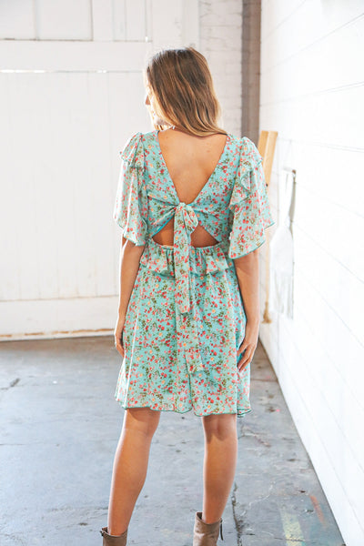 Teal Chiffon Ruffle V Neck Back Tie Lined Dress