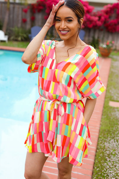 Eyes On You Coral Geo Abstract Surplice Woven Romper