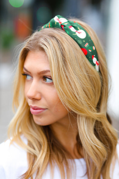 Green Snowman Christmas Top Knot Headband