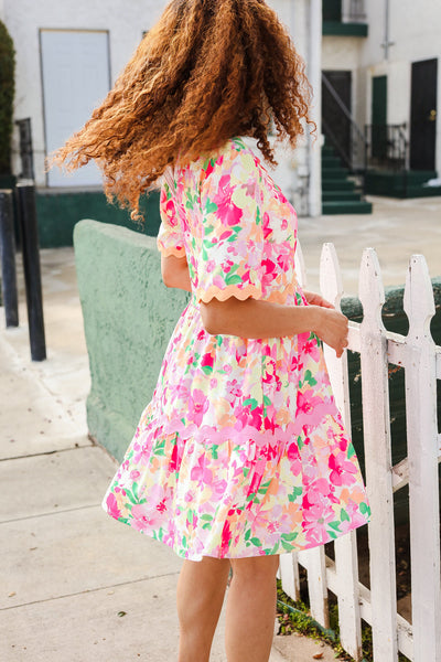Beautiful You Rose Floral Print Ric Rack Trim Babydoll Dress