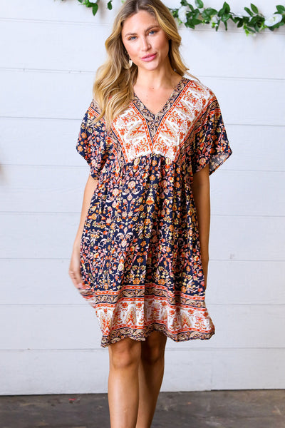 Navy & Orange Paisley Dolman V Neck Dress