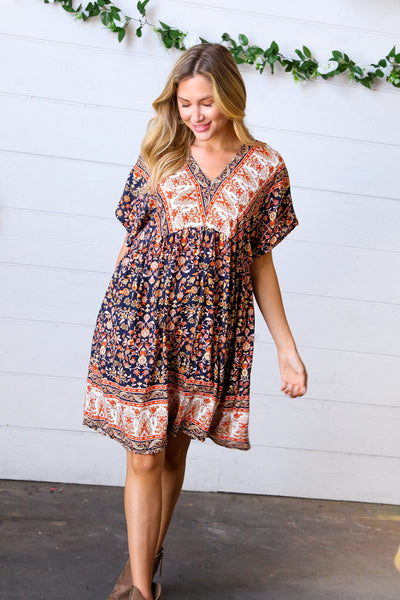 Navy & Orange Paisley Dolman V Neck Dress