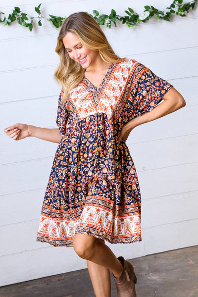 Navy & Orange Paisley Dolman V Neck Dress