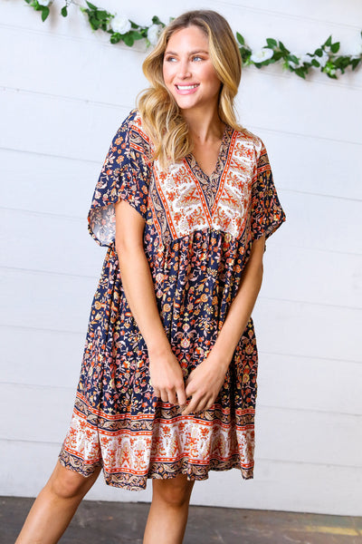 Navy & Orange Paisley Dolman V Neck Dress