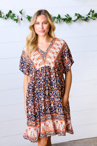 Navy & Orange Paisley Dolman V Neck Dress