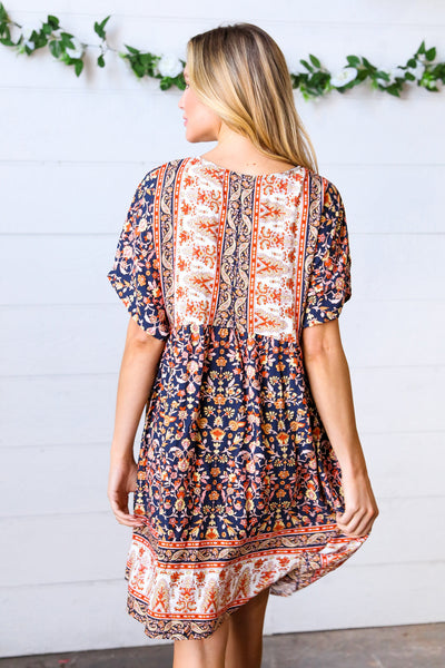 Navy & Orange Paisley Dolman V Neck Dress