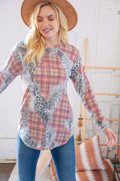 Taupe Leopard Plaid Rib Knit Round Neck Pullover