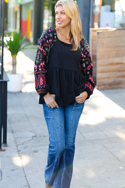Black Square Neck Dueling Dreams Border Print Blouse