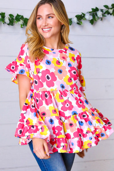 Pink & Ivory Flat Floral Ruffle Hem Tiered Top