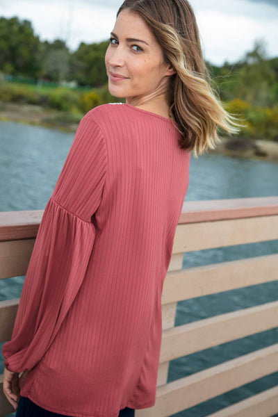 Dusty Rose Crochet Laced V Neck Babydoll Rib Top