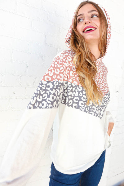 Mauve & Grey Leopard Chevron Color Block Hoodie