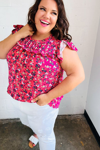 French Rose Floral Print Frilled Short Sleeve Yoke Top