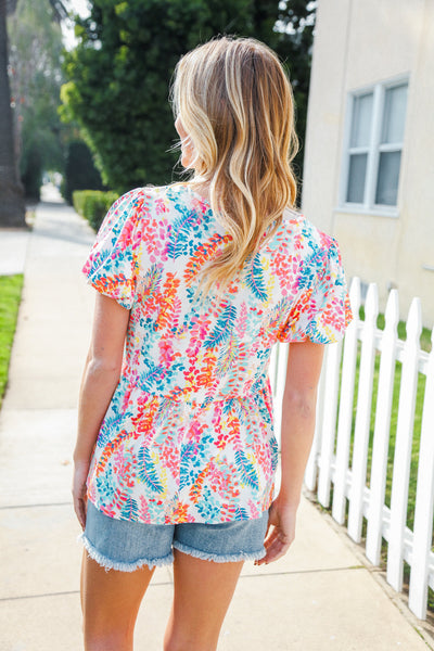 Perfect Find Ivory Floral Leaf Print Short Sleeve Babydoll Top