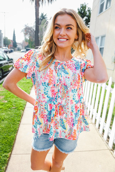 Perfect Find Ivory Floral Leaf Print Short Sleeve Babydoll Top