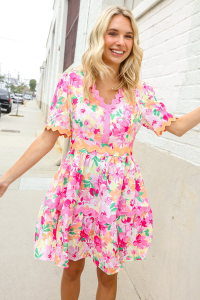 Beautiful You Rose Floral Print Ric Rack Trim Babydoll Dress