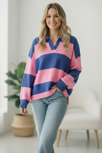 I'll Be On The Sidelines Blue and Pink Sweater