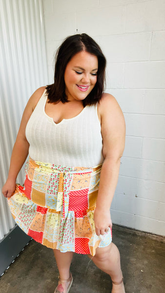 Multicolor Patchwork Two-Fer Rib Elastic Waist Belted Dress