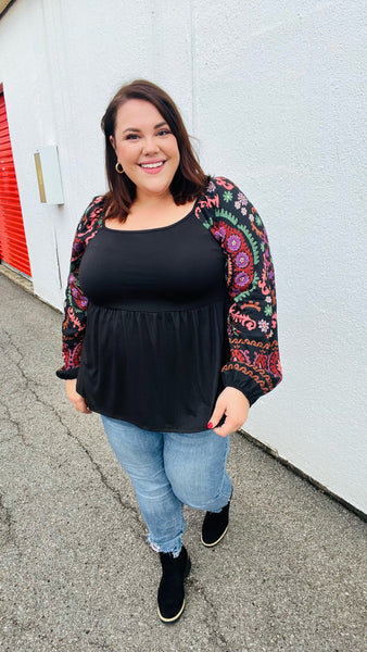 Black Square Neck Dueling Dreams Border Print Blouse
