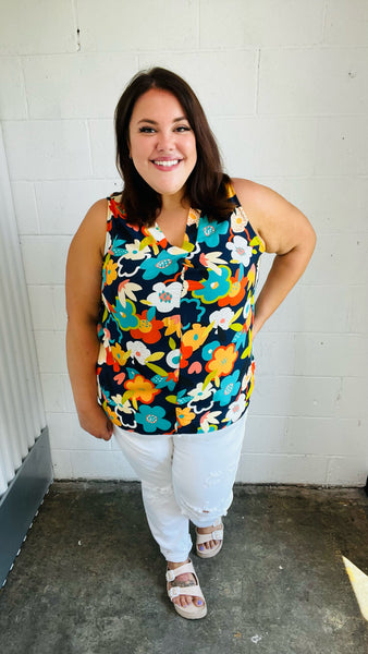 Navy Flat Floral Banded V Neck Sleeveless Top