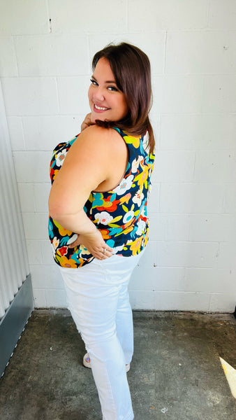 Navy Flat Floral Banded V Neck Sleeveless Top